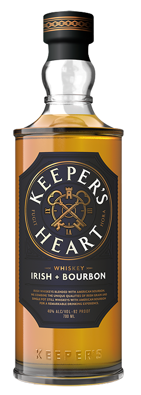 Keepers Heart Irish + Bourbon Whiskey 700ml bottle with amber liquid and black cap