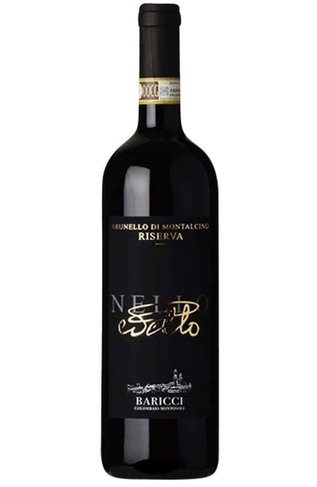 Baricci Brunello Di Montalcino Riserva 2016 wine bottle with black label and gold accents.