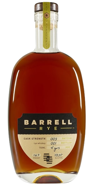 Barrell Rye Cask Strength Batch 3 116.7 Proof 750ML bottle with rich amber whiskey inside