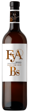 Wine bottle with a label featuring 'FyA' and 'Bs' on a white background