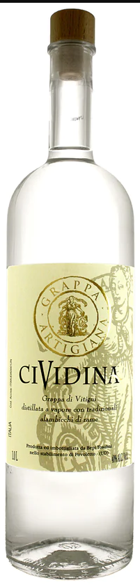 Bepi Tosolini Cividina Grappa 1 L bottle with light floral and fruity notes.