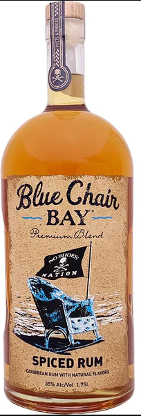 Blue Chair Bay Premium Blend Spiced Rum 1.75L bottle with tropical design and amber color