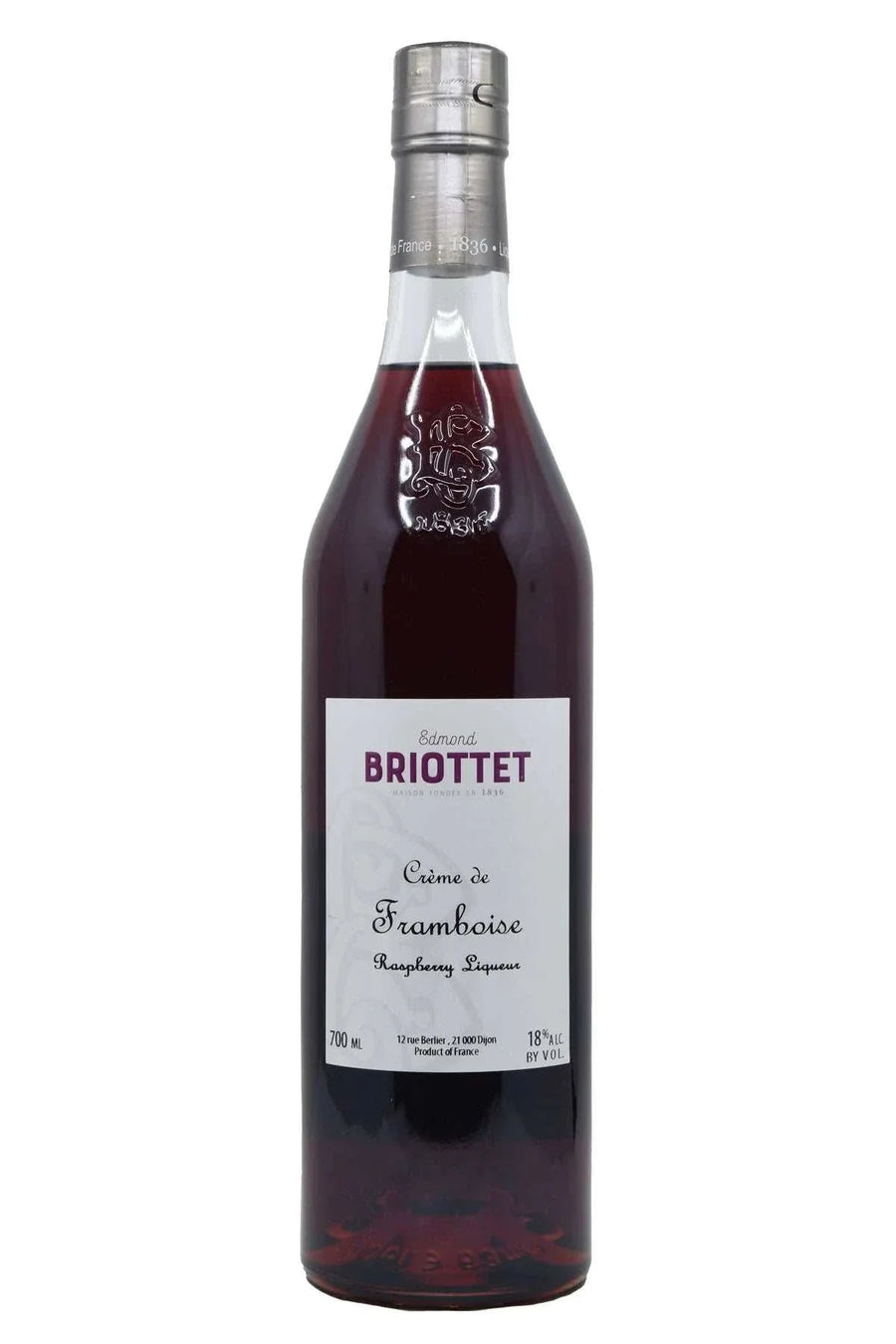 Edmond Briottet Creme De Framboise 700ml French raspberry liqueur bottle with deep ruby color