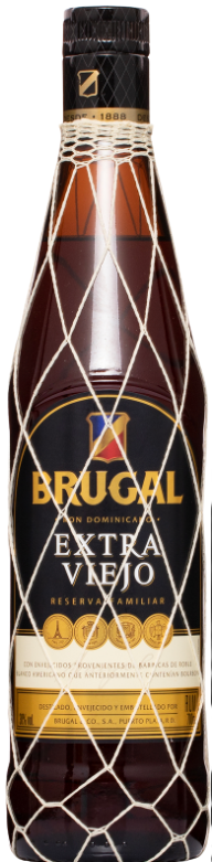Brugal Extra Viejo Reserva Familiar Rum 1L bottle with netting.