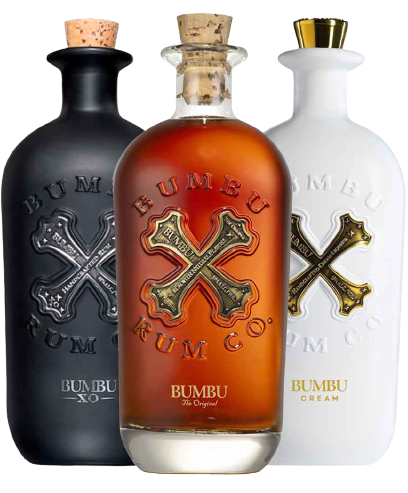 Bumbu Combo Rum 750ml bottles showcasing XO, Original, and Crème varieties from Bumbu Rum Company.