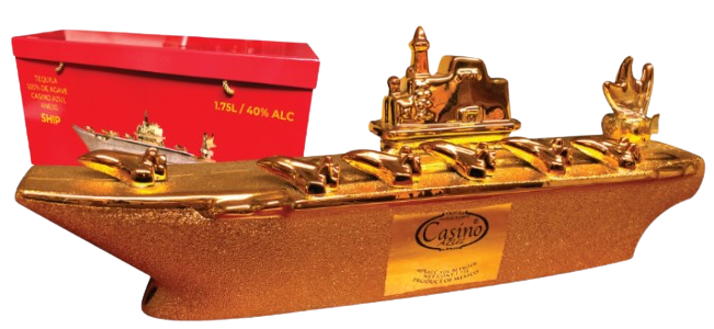 Casino Azul Anejo Warship 1.75L tequila bottle shaped like a gold warship with collectible red box