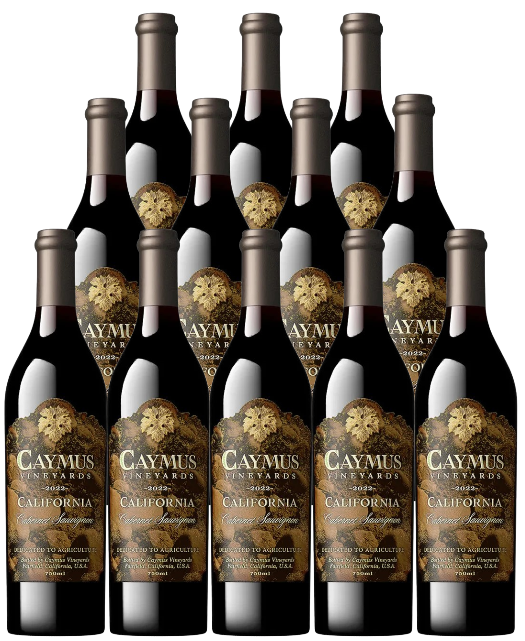 Twelve bottles of Caymus California Cabernet Sauvignon 2022 wine with detailed gold and brown labels.