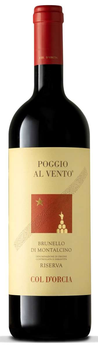 Bottle of Col D'Orcia Brunello Di Montalcino Poggio Al Vento Riserva 2016 wine with rich fruit and organic Sangiovese grapes