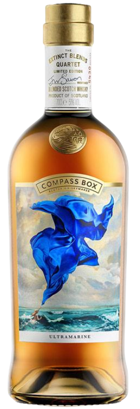 Compass Box Ultramarine Blended Scotch Whisky 750ml bottle with artistic blue fabric label and golden cap