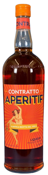 Contratto Aperitif Liqueur 1L bottle with vibrant orange label and cap, premium Italian citrus herbal liqueur for cocktails and aperitivo.