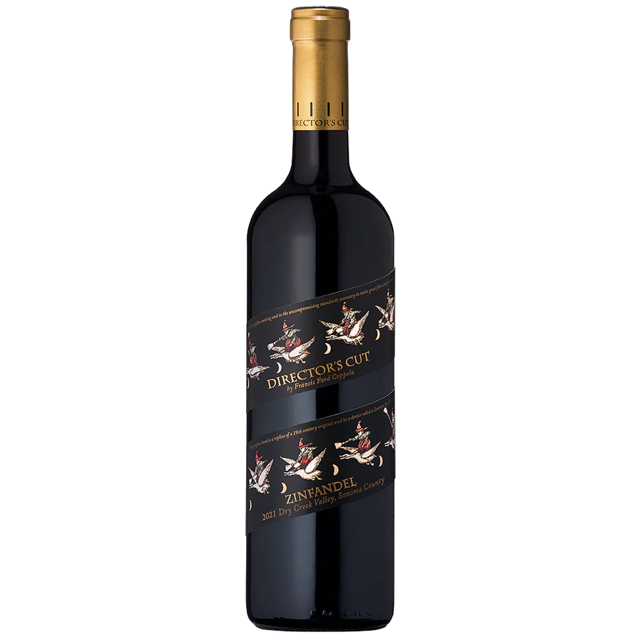 Coppola Director's Cut Dry Creek Zinfandel 2021 bottle with gold cap and black label featuring artistic illustrations