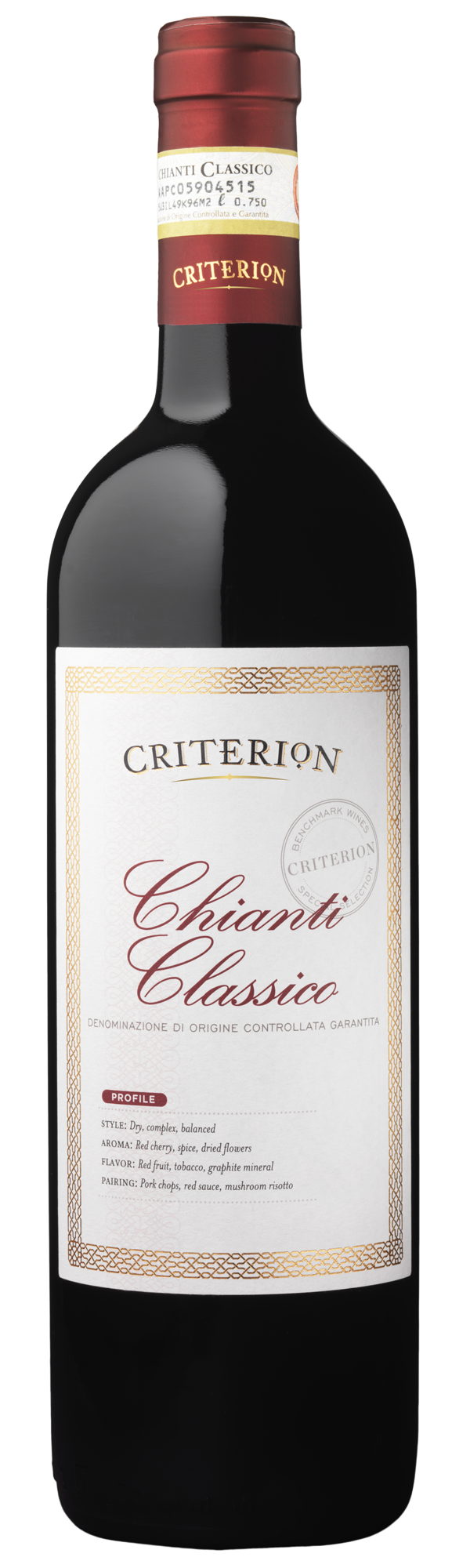 Bottle of Criterion Chianti Classico 750 ML Tuscan red wine with cherry and spice aromas