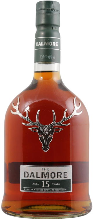 Dalmore 15 Years Old Highland Single Malt Scotch Whisky 750ml bottle with rich amber color and stag emblem