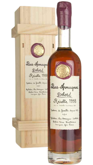 Delord Bas Armagnac 1998 23-year Cask Strength bottle with wooden box packaging.