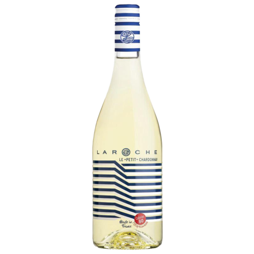 Domaine Laroche Chardonnay low alcohol white wine bottle with blue and white striped label and cap