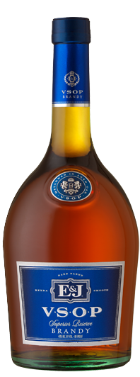 E & J VSOP Superior Reserve Brandy 1 L bottle with blue label and amber liquid inside