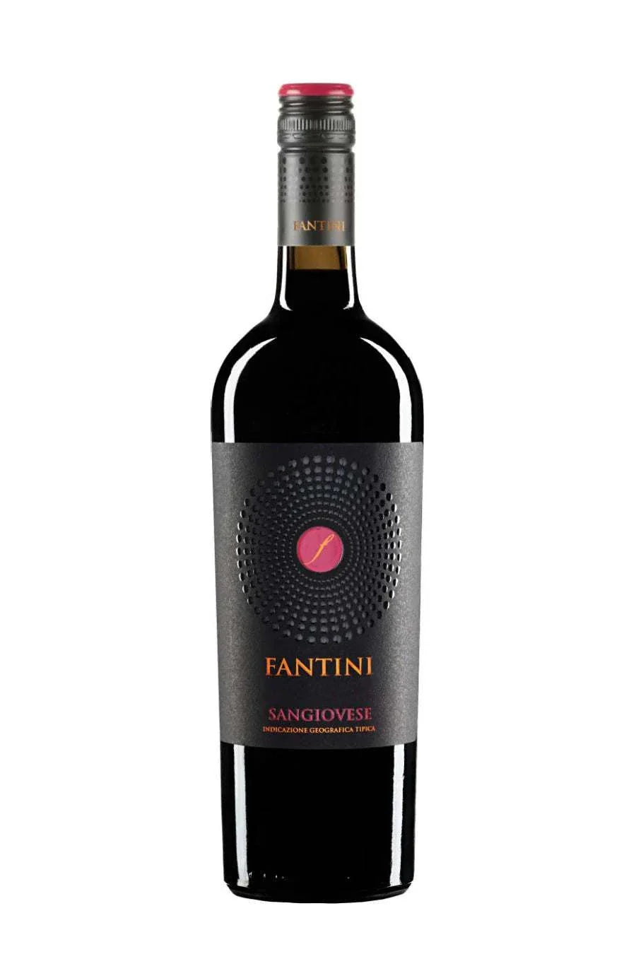 Bottle of Fantini Sangiovese Puglia 2023 red wine with vibrant cherry and raspberry notes