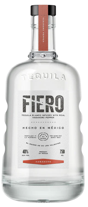 Fiero Tequila Habanero bottle, 750ml, made in Mexico, infused with fresh habanero peppers.