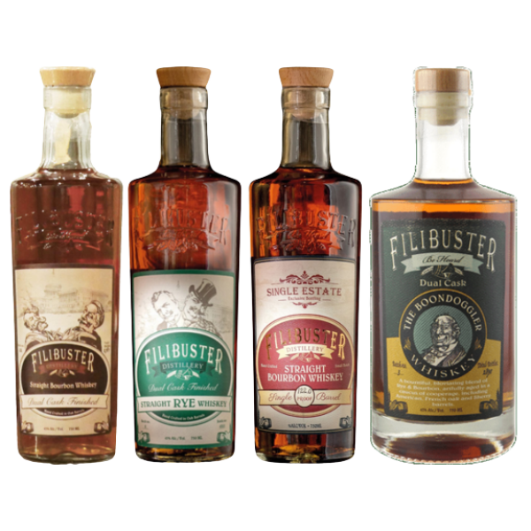 Four bottles of Filibuster Whiskey, including bourbon and rye varieties, showcasing unique labels and wooden caps.