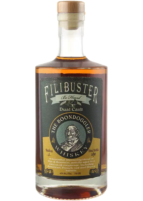 Filibuster The Boondoggler Whiskey 750 ML bottle featuring a unique blend of Corn, Barley, and Rye with complex aging in oak and sherry casks.