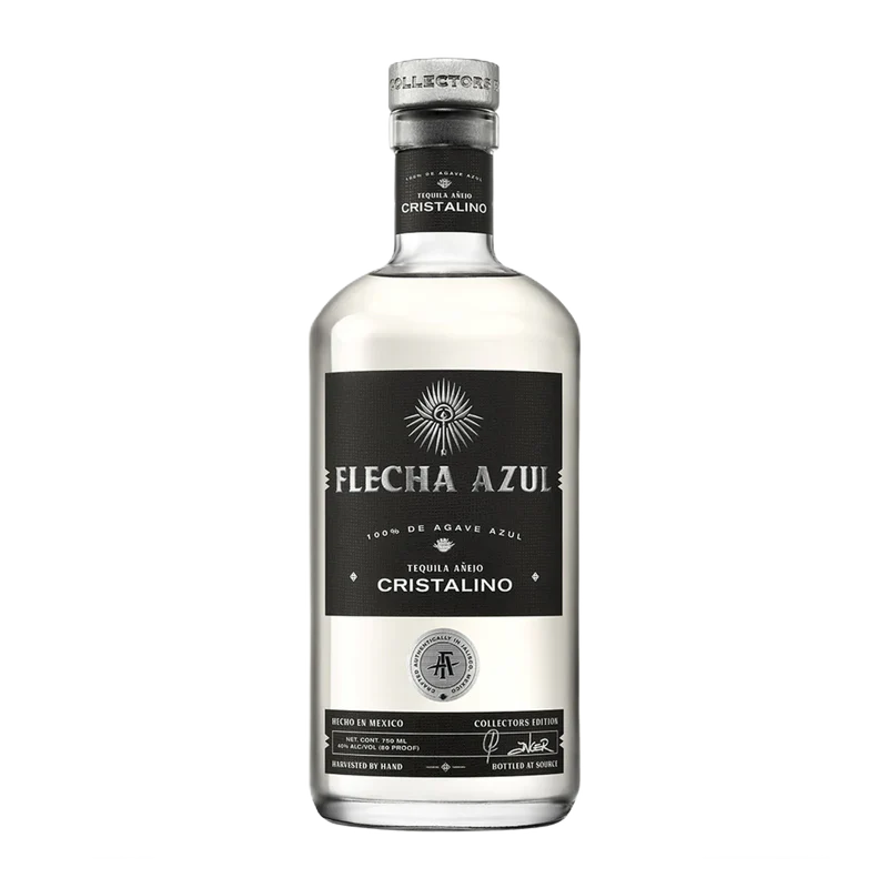 Flecha Azul Cristalino Tequila 750ML bottle made from 100% Blue Weber agave with clear aged tequila in black label