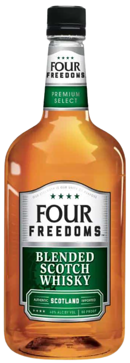 Four Freedoms Blended Scotch Whisky 1.75 L bottle with green label and branding.