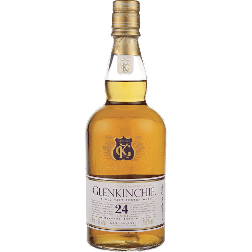 Glenkinchie Single Malt Scotch 24 Year 86 750 ML bottle with gold cap and amber whisky inside