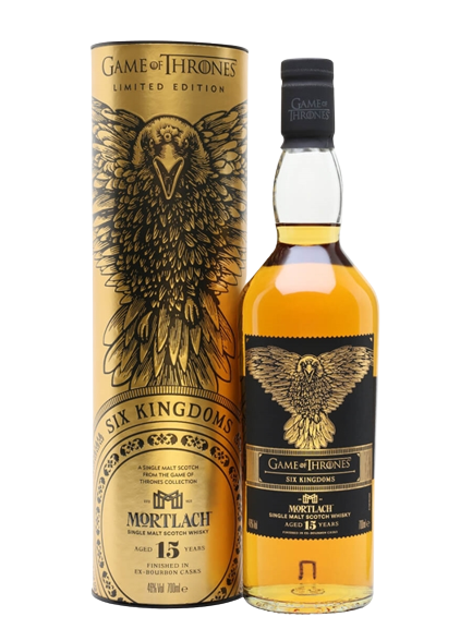 Game of Thrones Six Kingdoms Mortlach 15 Years Old Single Malt Scotch Whisky with gold canister featuring three-eyed raven design.