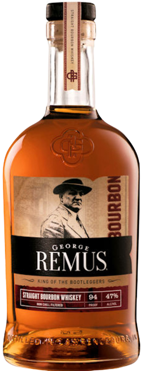 George Remus Straight Bourbon Whiskey 750 ML bottle with label featuring Prohibition-era design.