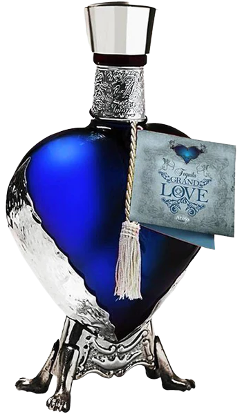 Grand Love Tequila Blanco 750ML in blue heart-shaped ceramic bottle with silver accents and tag.