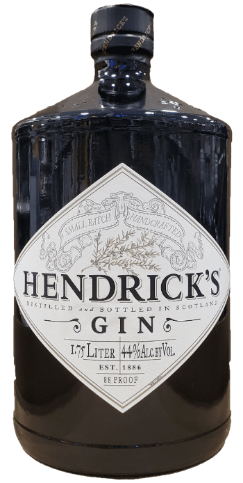Hendricks Gin 1.75 L bottle with cucumber and rose botanical blend, ideal for cocktails and mixology.