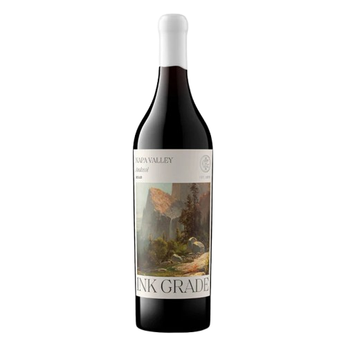 Ink Grade Red Wine Andosol Napa Valley 2018 bottle with grapes and vineyard background