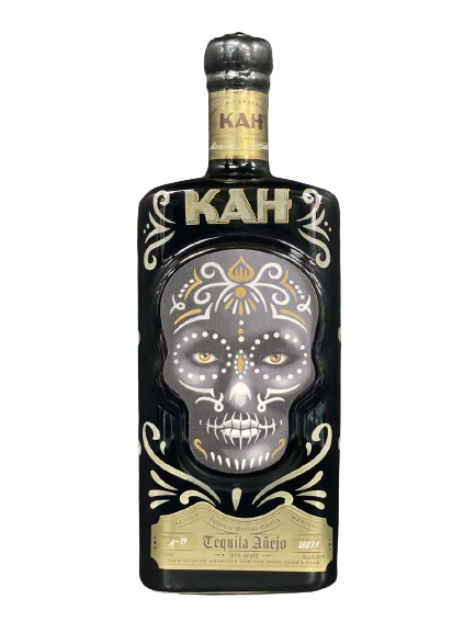 Bottle of Kah Anejo 100% de Anejo Tequila  750 ML – premium añejo tequila in skull bottle