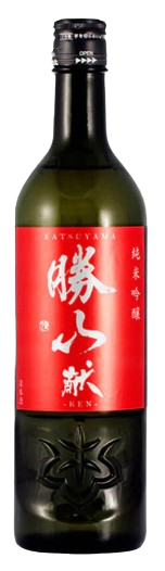 Katsuyama Ken Junmai Ginjo sake bottle with red label, 720 ML.