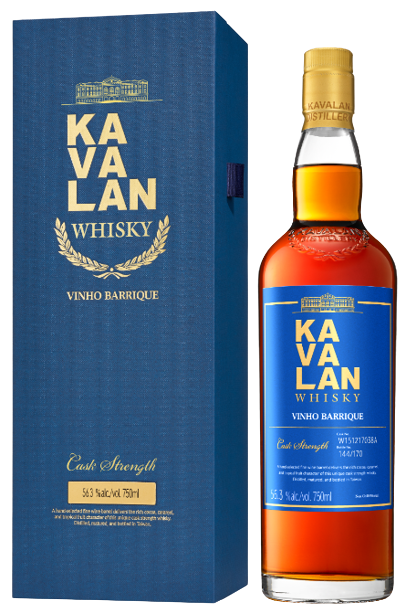 Kavalan Vinho Barrique cask strength single malt whisky with rich dark chocolate, berry, and toasted oak flavors in 750ml bottle.