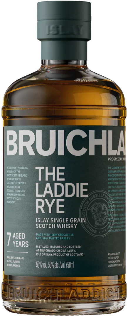 Bruichladdich The Laddie Rye 750 ML bottle showcasing modern rye whisky with smooth, spicy, and sweet notes