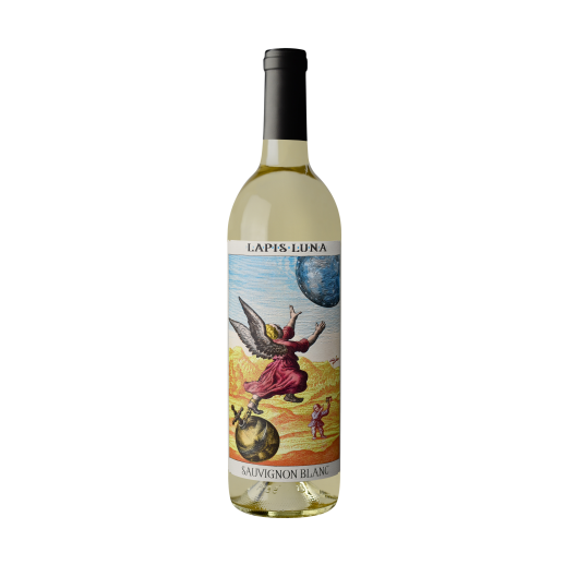 Lapis Luna Sauvignon Blanc 750 ML bottle with artistic label featuring an angel and celestial elements, California white wine with bright citrus and tropical notes