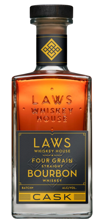 Laws Whiskey House Four Grain Straight Cask Bourbon Whiskey 750 ML bottle with amber whiskey and black label