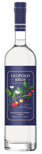 Leopold Bros. Maraschino Liqueur 700 ML bottle with cherry and floral label design