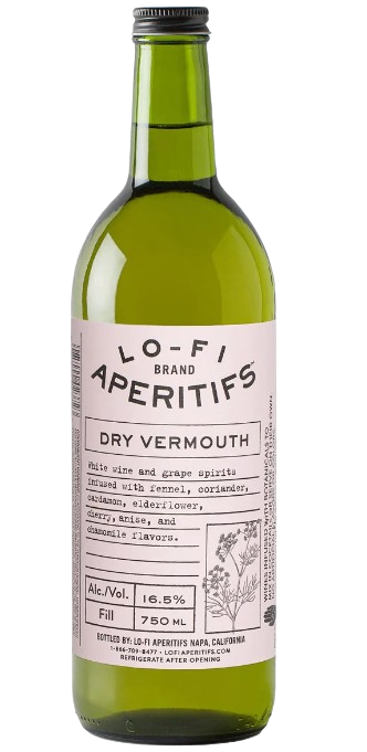 Lo-Fi Aperitifs Dry Vermouth 750 ML bottle with balanced flavors of cherry, fennel, elderflower, anise, and chamomile.