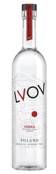 Lvov Vodka 750 ML bottle with clear premium vodka from Poland featuring a red and black label design