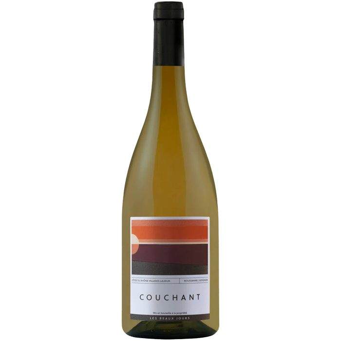 Les Beaux Jours Levant Cotes du Rhone Villages Laudun Couchant Blanc wine bottle with pale golden color and floral pear notes