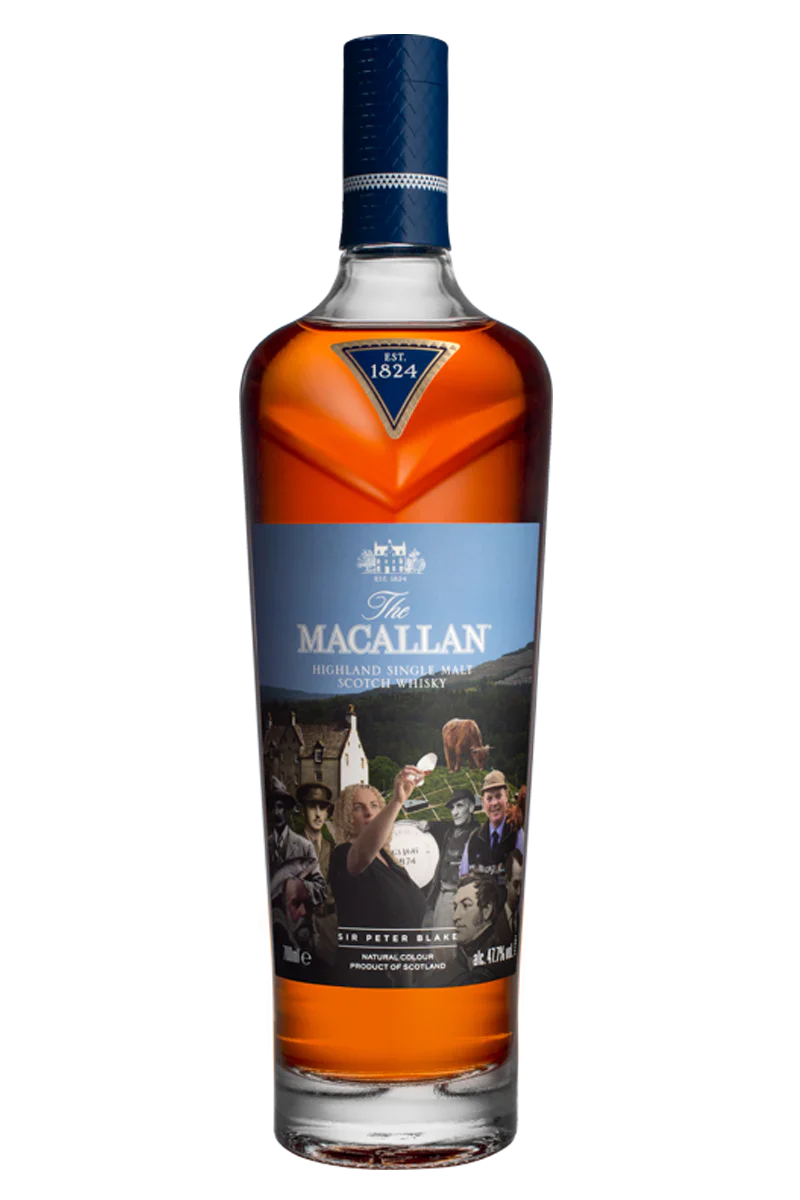 Macallan Highland Single Malt Scotch Whiskey Sir Peter Blake Edition bottle with artistic label.