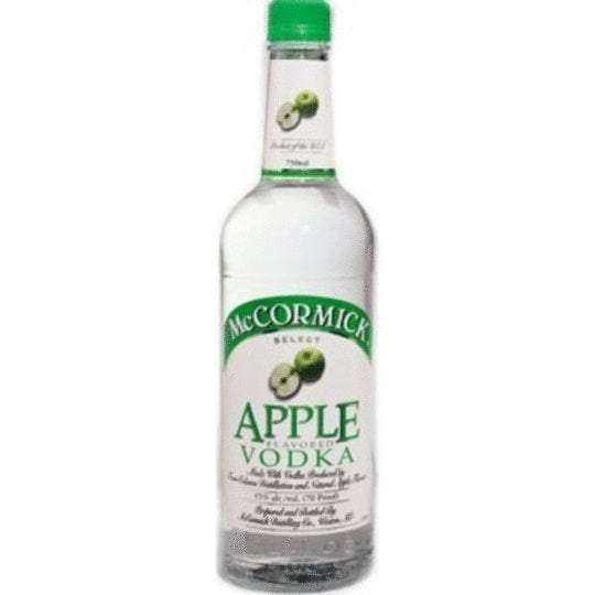 Mccormick Co Apple Vodka 750 ML bottle with green label featuring apple imagery.