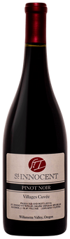 Shinnocent Pinot Noir wine bottle with red cap and label on a white background