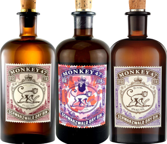 Monkey 47 Dry Gin Combo 375 ML, three bottles with unique labels, Black Forest ingredients.