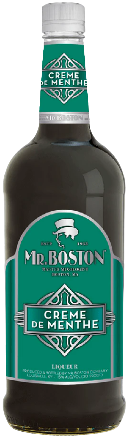 Mr Boston Creme De Menthe Green 1 L mint liqueur bottle on white background