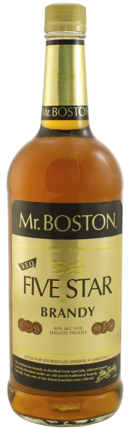 Mr Boston Five Star Brandy 1 L bottle with gold label and amber liquid inside