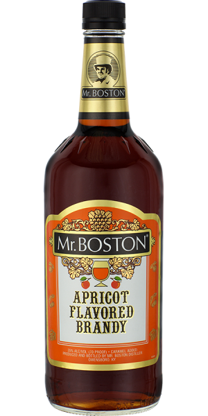 Mr. Boston Apricot Flavored Brandy 1 L bottle with label showing fruit-flavored brandy for cocktails and sipping