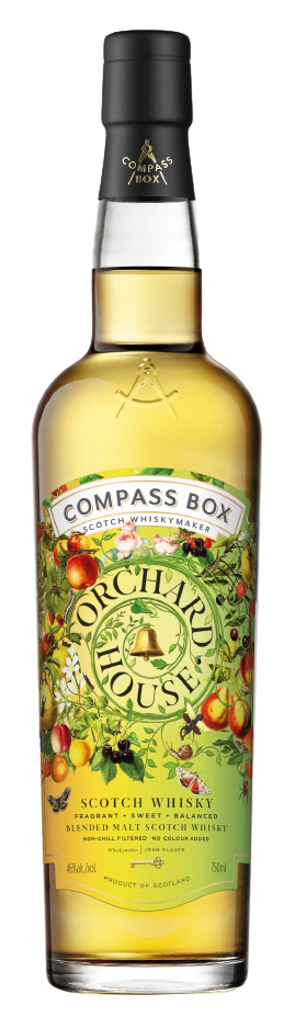 Compass Box Orchard House blended malt Scotch whiskey bottle with fruity orchard label and 750ml capacity